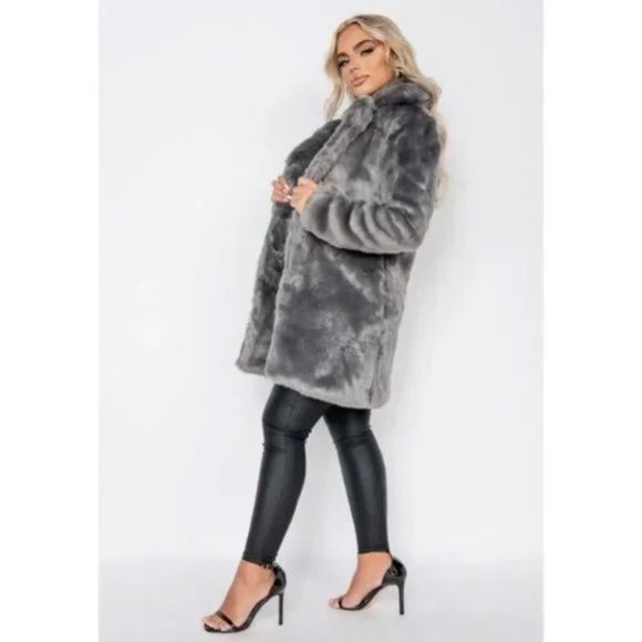 Gray Faux Fur Long Sleeve Collared Coat - Picture 14 of 16